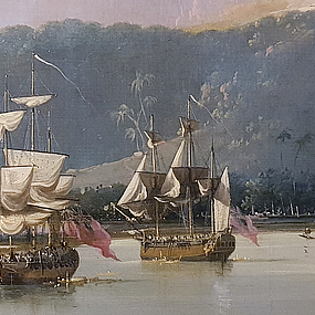 James Cooks Schiff RESOLUTION in der Matavai-Bucht, Tahiti, Südsee. Ausschnitt aus einem Gemälde von William Hodges aus dem Jahr 1777.