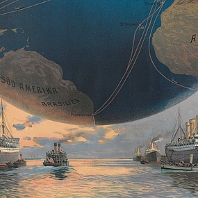 Ein Gemälde mit Globus und Dampffahrtsschiffen darunter