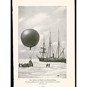 Ein historisches Bild vom Aufstieg des Fesselballons in der Antarktis.