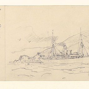 Eine Bleistiftzeichnung, auf der ein Schiff zu sehen ist.