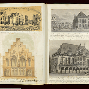 Ein Foto des Reisealbums, zu sehen sind Zeichnungen von bekannten Bremer Sehenswürdigkeiten.